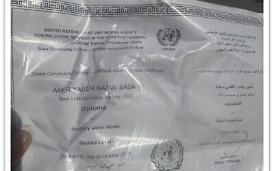 UNRWA diploma found in vehicle of Hamas terrorists who took part in October 7 massacre. Pic: IMPACT-se
