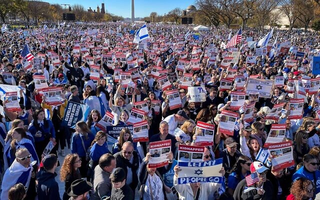 Close to 300,000 attend the Americans March for Israel rally on the National Mall. Speakers and signs at the rally called for the release of the hostages and an end to anti-semitism.