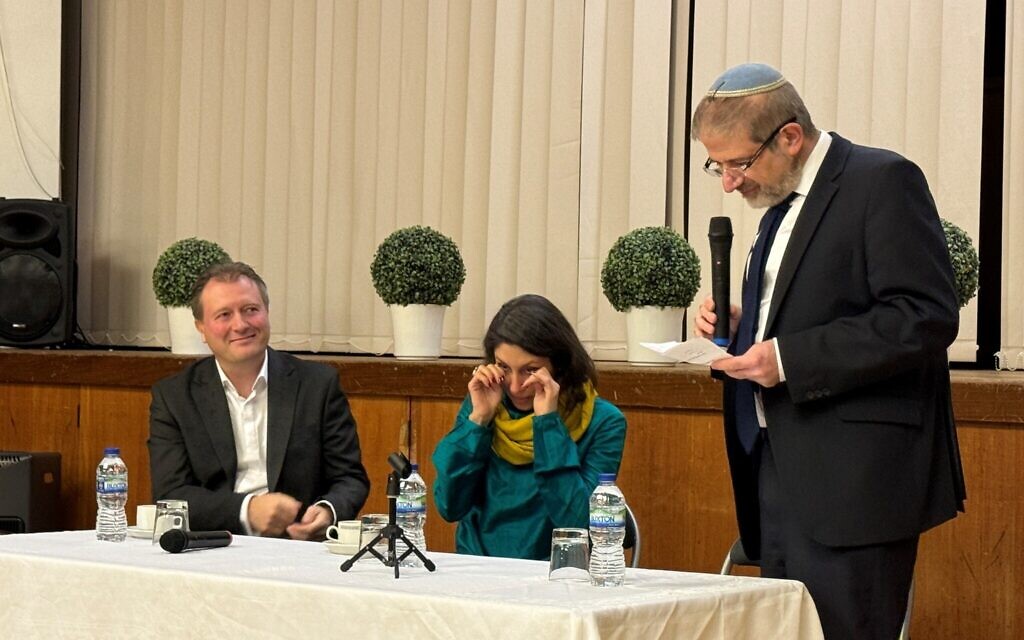 Richard Ratcliffe, his emotional wife Nazanin Zaghari-Ratfcliffe, and Hampstead Synagogue’s Rabbi Michael Harris.