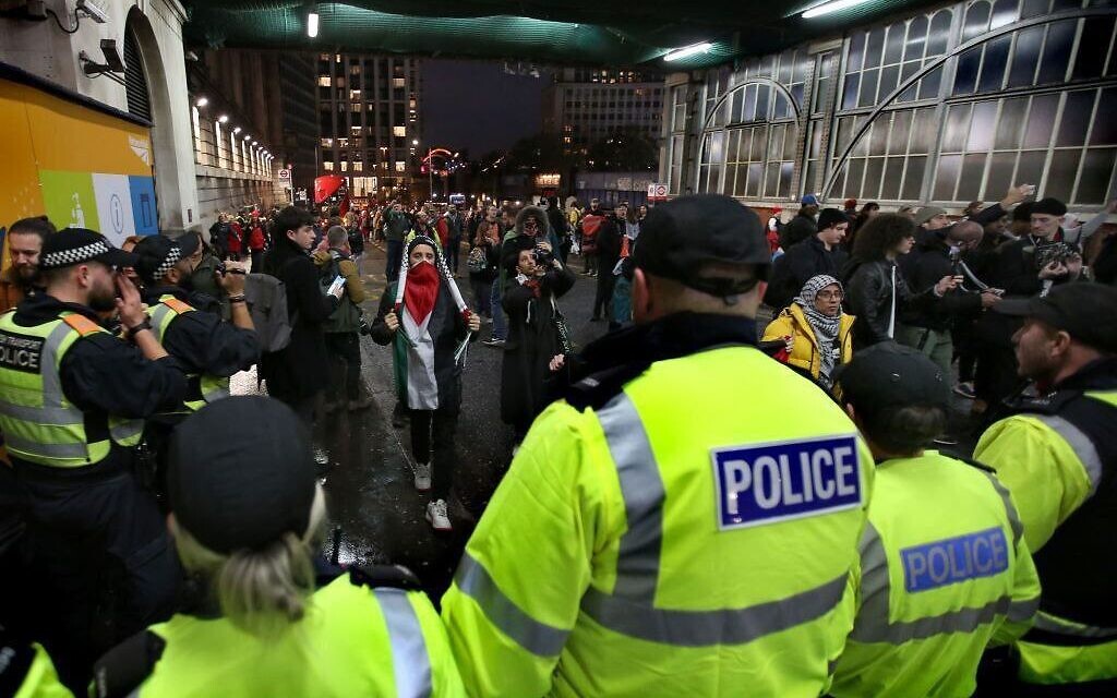 The group chanted: “Free, free Palestine”; “Sit down, join us”; and “From the river to the sea, Palestine will be free” as they protested in the centre of the station.