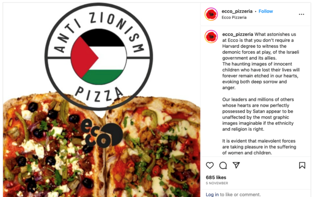 Ecco Pizzeria 'Anti Zionist' pizza