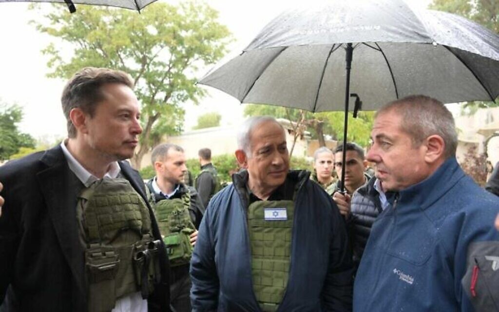 Elon Musk and Prime Minister Benjamin Netanyahu visiting Kfar Aza