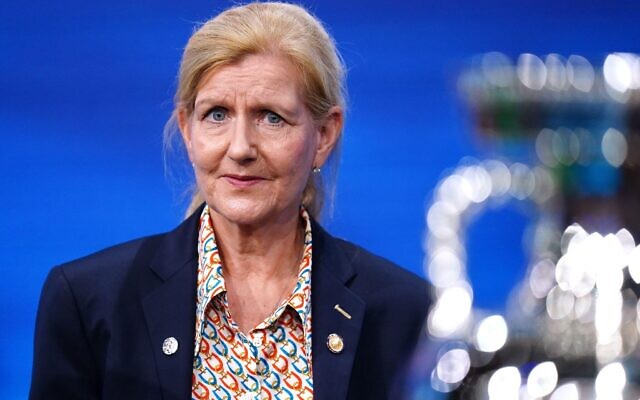 FA Chair Debbie Hewitt during the Euro 2028 and Euro 2032 hosts announcement ceremony at the UEFA Headquarters in Nyon, Switzerland on Tuesday October 10, 2023.