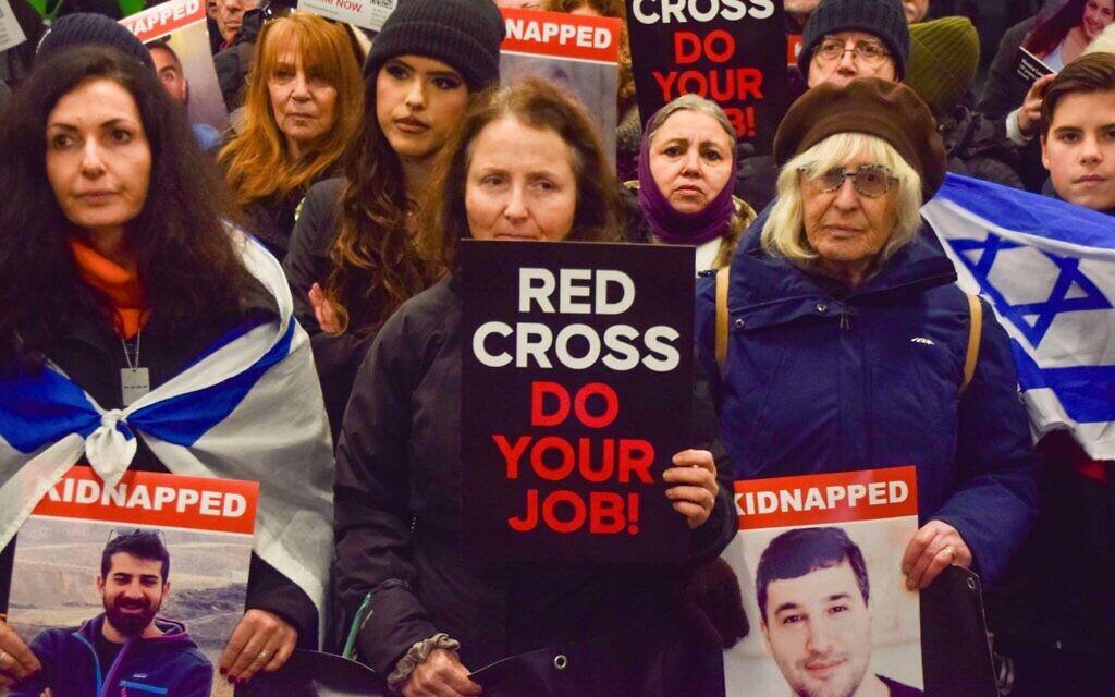 A protest outside the offices of British Red Cross calling for it to provide support for Israeli hostages