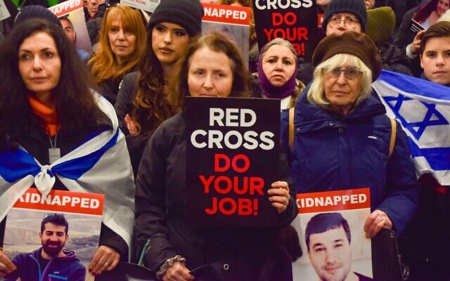 A protest in November outside the offices of British Red Cross calling for it to provide support for Israeli hostages