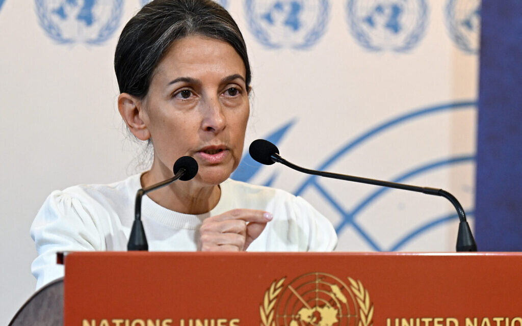 Rachel Goldberg, mother of Hersh Goldberg-Polin, who is a hostage in Gaza, speaks during an event to mark the 75th anniversary of the Universal Declaration of Human Rights, at the United Nations Offices, in Geneva, Dec. 12, 2023. (Fabrice Coffrini/AFP via Getty Images)