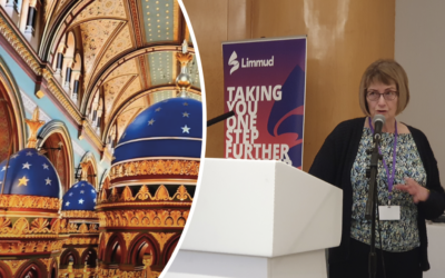Louise Ellman speaks at Limmud 2023 on Monday and (left) the interior of Princes Road shul