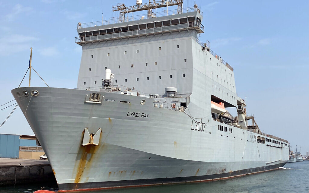 Undated handout photo issued by Foreign, Commonwealth & Development Officet of RFA Lyme Bay, alongside at the UK Naval Support Facility, Bahrain. The first UK maritime shipment of aid for Gaza has arrived in Egypt, carrying almost 90 tonnes of thermal blankets and other essential items. The shipment was delivered from Cyprus by Royal Fleet Auxiliary ship Lyme Bay, carrying thermal blankets, shelter packs and medical supplies provided by the UK and the Republic of Cyprus. Issue date: Tuesday January 2, 2024. PA Photo. See PA story POLITICS Israel . Photo credit should read: Lt Cdr Debbie Harmer/Foreign, Commonwealth & Development Office/PA Wire 

NOTE TO EDITORS: This handout photo may only be used in for editorial reporting purposes for the contemporaneous illustration of events, things or the people in the image or facts mentioned in the caption. Reuse of the picture may require further permission from the copyright holder.