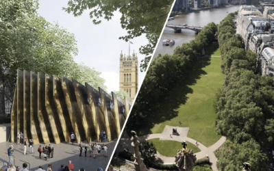 The proposed memorial and an aerial view of Victoria Tower Gardens, Westminster