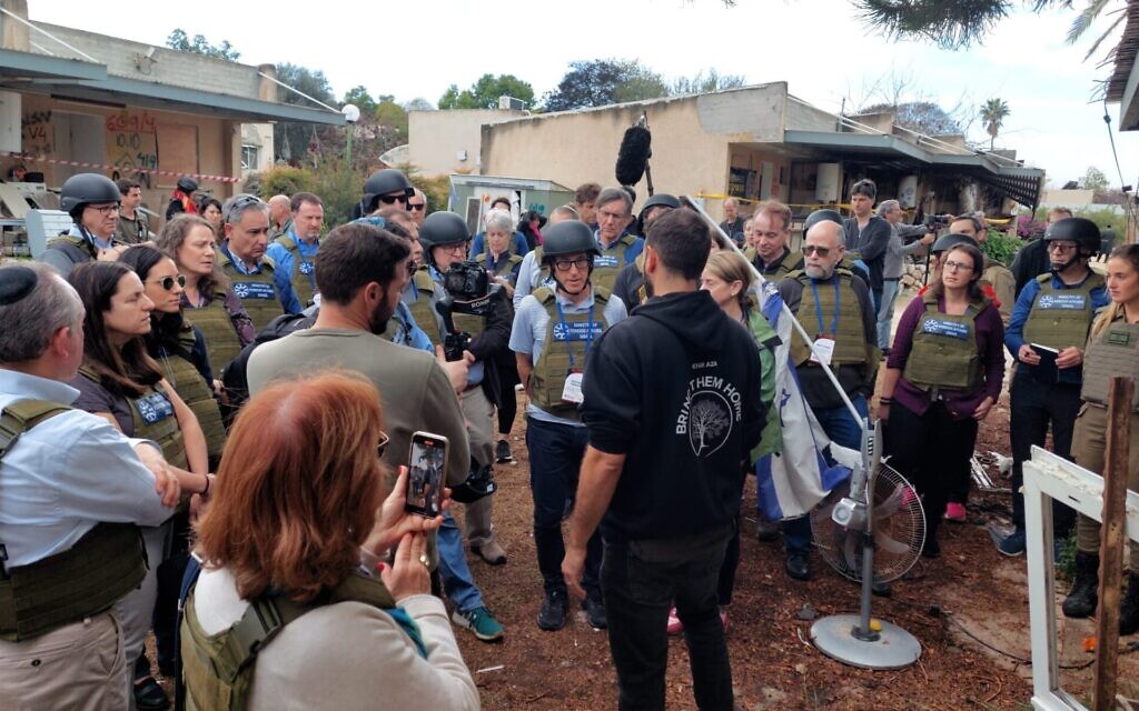 A delegation of University of Pennsylvania professors visits a southern Israel kibbutz that was attacked by Hamas on Oct. 7, in January 2024. (Courtesy Israel Destination)
