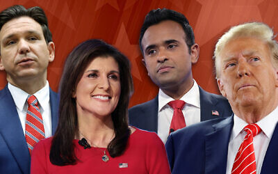 From left to right: Ron DeSantis, Nikki Haley, Vivek Ramaswamy and Donald Trump. (Getty Images; Design by Mollie Suss)