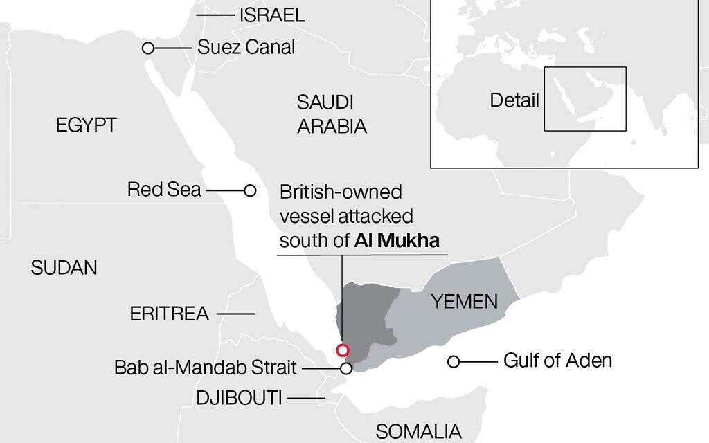British-owned vessel attacked in Red Sea. See story DEFENCE RedSea. Infographic PA Graphics. An editable version of this graphic is available if required. Please contact graphics@pamediagroup.com.