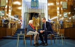Prince William talks with Renee Salt, 94, a Holocaust survivor, at the Western Marble Arch Synagogue