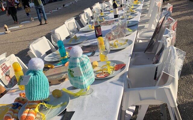 The empty Shabbat table in hostage square. Pic: Emma Levy