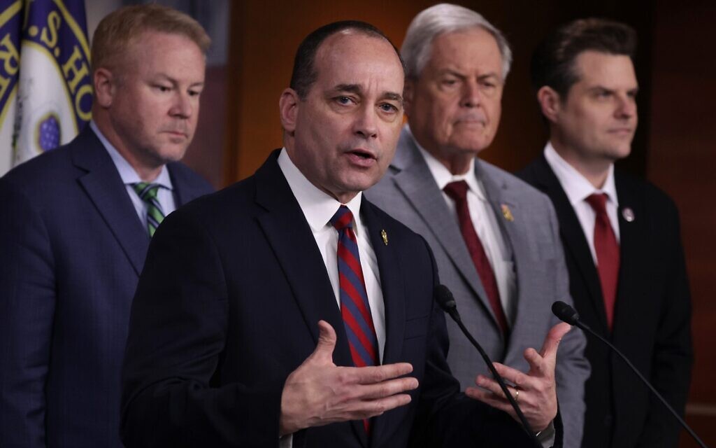 House Freedom Caucus Chairman Rep. Bob Good of Virginia speaks as left to right, Rep. Warren Davidson of Ohio, Rep. Ralph Norman of South Carolina and Rep. Matt Gaetz of Florida listen during a news conference at the U.S. Capitol, Feb. 13, 2024. All four were among 14 Republicans who voted against emergency defense aid for Israel. (Alex Wong/Getty Images)