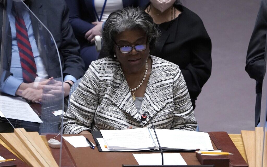 Ambassador Linda Thomas Greenfield, permanent Security Council representative of the United States speaks during a Security Council Meeting addressing the Russian invasion of Ukraine at the United Nations Headquarters on March, 18, 2022 in New York City, USA. Increasingly concerned about the invasion and the cost of civilian lives, members of the Security Council vehemently demanded that a pathway for immediate humanitarian relief and peace be set. (Photo by John Lamparski/NurPhoto)