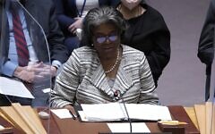 Ambassador Linda Thomas Greenfield, permanent Security Council representative of the United States speaks during a Security Council Meeting addressing the Russian invasion of Ukraine at the United Nations Headquarters on March, 18, 2022 in New York City, USA. Increasingly concerned about the invasion and the cost of civilian lives, members of the Security Council vehemently demanded that a pathway for immediate humanitarian relief and peace be set. (Photo by John Lamparski/NurPhoto)