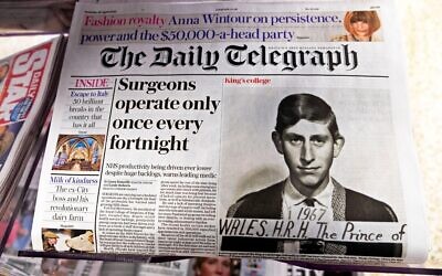 'Surgeons operate only once every fortnight' Daily Telegraph newspaper headline front page and Prince Charles Prince of Wales 1967 portrait London UK