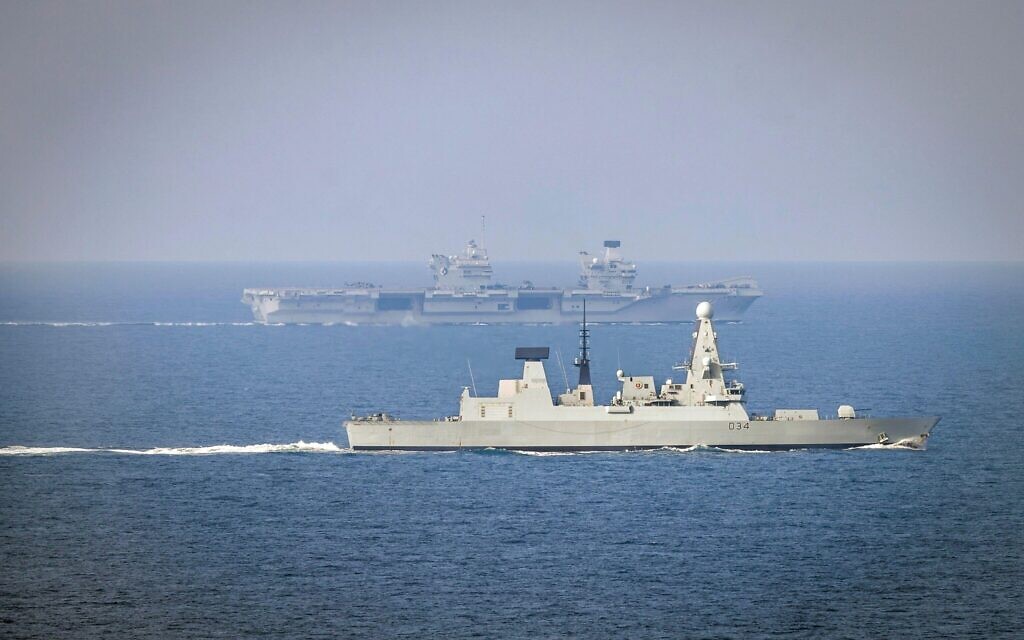 Aerial view of HMS Queen Elizabeth and HMS Diamond in the North Sea where the two warships conducted a joint air exerc