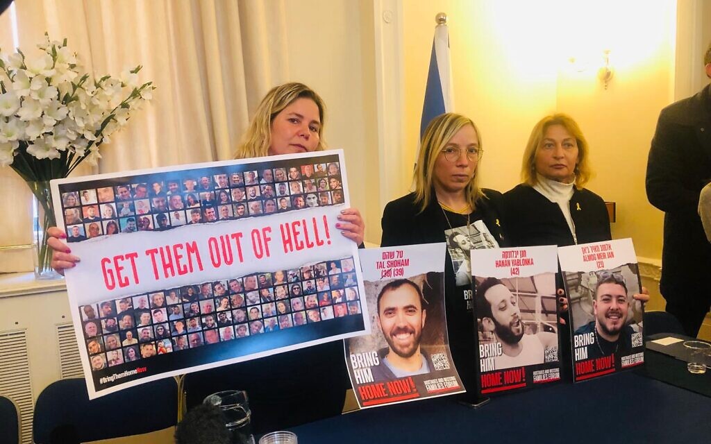 Left to right: Inbal Zach, cousin of Tal Shoham; Avivit Yablonka, sister of Hanan Yablonka, and Orit Meir, mother of Almog Meir. Pic: Michelle Rosenberg, Israeli Embassy, London, 7th March 2024