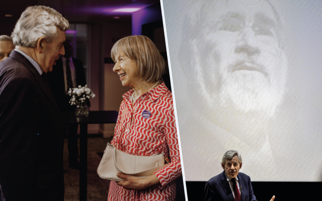Gordon Brown with Lady Sacks, and delivering the Rabbi Lord Jonathan Sacks Annual Memorial Lecture this week. Photograph: Yossi Abrams