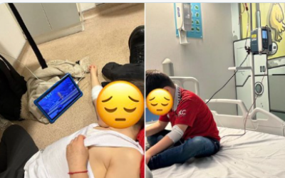 The picture on the left shows the young boy, wearing his kippa, on the floor. The picture, right shows him without identifying Jewish symbols, treated on a bed in a ward.