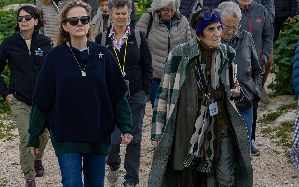 U.S. House Democrats from left to right Becca Balint of Vermont, Madeleine Dean of Pennsylvania and Rosa DeLauro of Connecticut tour the West Bank village of Khirbet Zanutah in Feb. 20, 2024. (Tal Shahar/J Street)