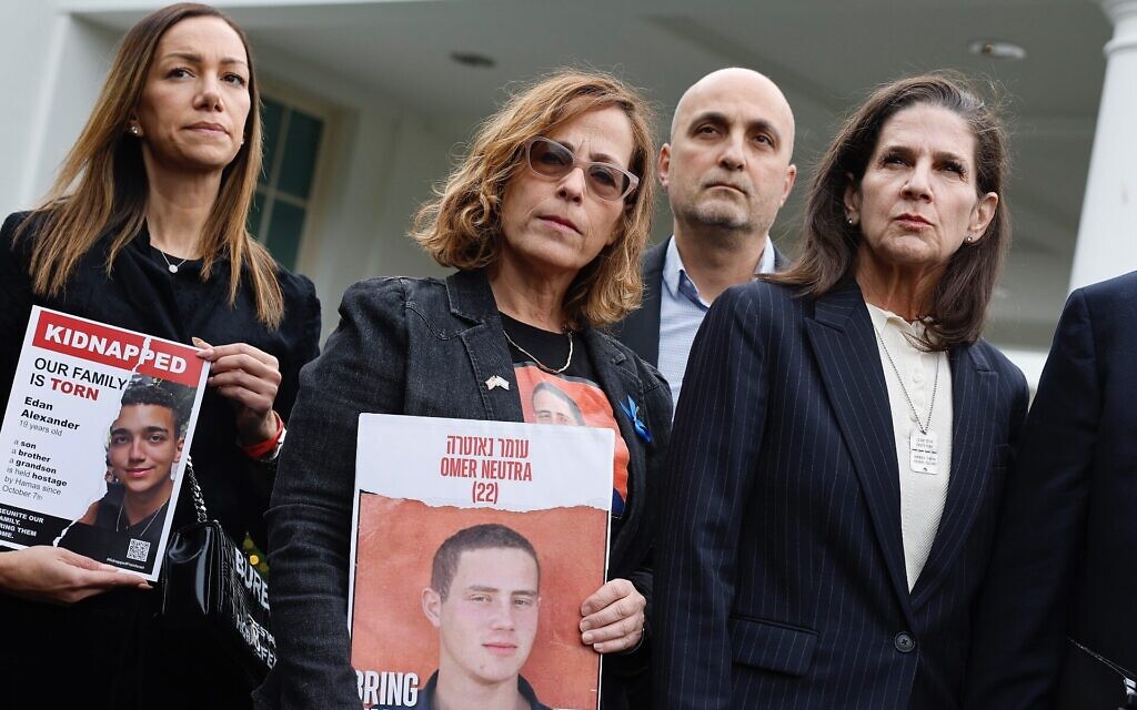 Family members of Americans who were taken hostage by Hamas during the terrorist attacks in Israel on Oct. 7, including, left to right, Yael Alexander, Orna Neutra, Adi Alexander and Liz Naftali talk to reporters outside the West Wing of the White House, Dec. 13, 2023. (Chip Somodevilla/Getty Images)