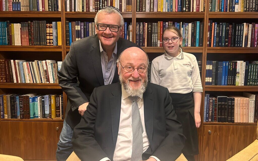 Jonny Gould, Chief Rabbi Ephraim Mirvis and podcast producer Maya Amit.