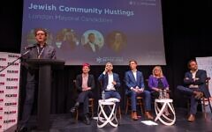 JW3's Raymond Simonson (left) introduces candidates Zoe Garbett, Sadiq Khan, Rob Blakie and Susan Hall, with chair Richard Ferrer, (right). JW3's Raymond Simonson (left) introduces candidates Zoe Garbett, Sadiq Khan, Rob Blakie and Susan Hall, with chair Richard Ferrer, (right).