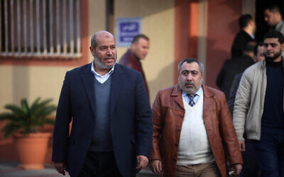 Gaza City, Gaza Strip, Palestinian Territory. 24th Jan, 2019. Hamas leader Khalil al-Hayya, attends a press conference following a meeting with Qatar's Ambassador to the Palestinian Authority, Mohammed Al Emadi in Gaza city on January 24, 2019. Credit: Mahmoud Ajjour/APA Images/ZUMA Wire/Alamy Live News