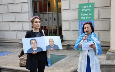 Rahima Mahmut campaigns outside the Chinese embassy in London