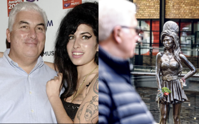 Mitch Winehouse with daughter Amy and in front of the statue of her in Camden