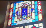 Stained glass window dedicated to Joseph Mordsley, Sinai synagogue.