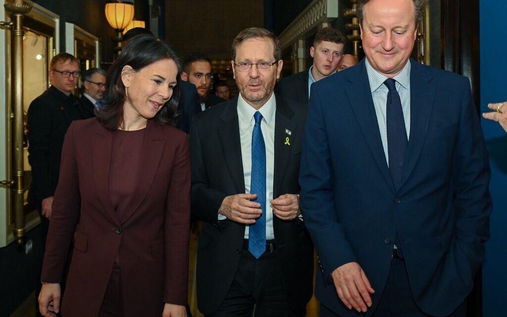 UK Foreign Secretary David Cameron, President Herzog and German Foreign Minister Baerbock in Jerusalem, 17 April 2024. Photo Credit: Maayan Toaf / GPO