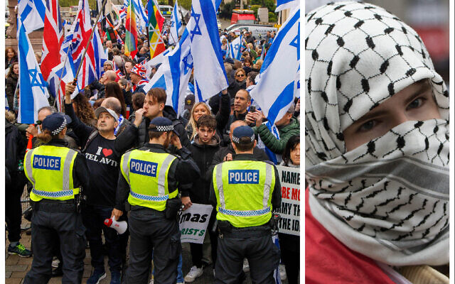 Astatic demonstration organised by pro-Israel group Enough is Enough took place at the same time along the route of the pro-Palestine march. Right: A masked individual at the Palestine rally.