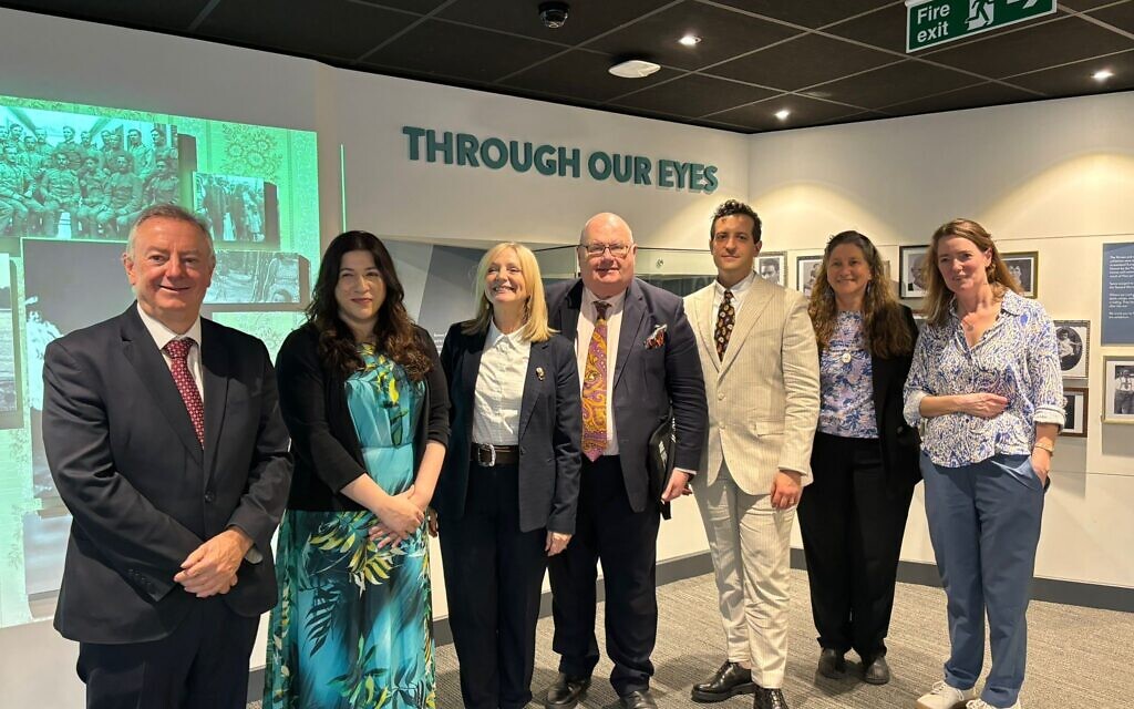 Bob Cryan, Vice-Chancellor of the University of Huddersfield;  Fatima Khan Shah, Inclusivity Champion (West Yorkshire Combined Authority), Tracy Brabin, Mayor of West Yorkshire, Lord Eric Pickles, Holocaust and Post-Holocaust Issues Envoy, Dr Alessandro Bucci (CEO, Holocaust Centre North), Sally Sealey, Head of UK Holocaust Memorial Foundation, Jenny Kagan (Chair of Holocaust Centre North).