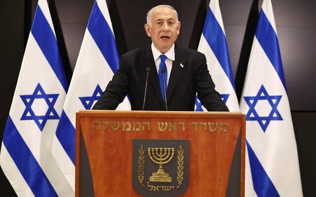 Israeli Prime Minister Benjamin Netanyahu speaks in a press conference in Tel Aviv, Israel, on April 10, 2023. JINI via Xinhua ISRAEL-TEL AVIV-NETANYAHU-PRE