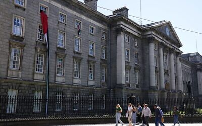 Palestine flags hang from windows of Trinity College in Dublin. The campus remains closed to the public due to an ongoing pro-Palestinian encampment on its grounds. Picture date: Sunday May 5, 2024.