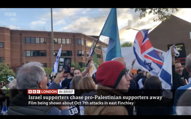 A caption shown on screen during the report read, “Israel supporters chase pro-Palestinian supporters away.” However, clips on social media from outside the cinema show the pro-Israel crowd waving placards, dancing and singing.