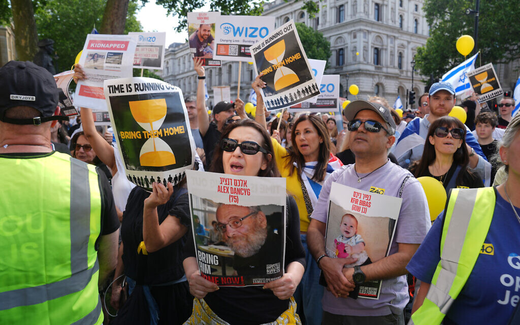 People take part during a Bring Hostages Home event in central London, to demand the immediate release of Israeli hostages from Gaza.