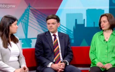 Lisa Nandy, (left) and Jo Bird, right, appear on BBC Politics North West with Paul Athans, Conservative candidate in Hazel Grove