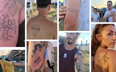 Attendees at the “healing concert” for survivors of the Nova music festival showed off tattoos in honor of the Oct. 7 massacre, Tel Aviv, June 27, 2024. (Deborah Danan/JTA)