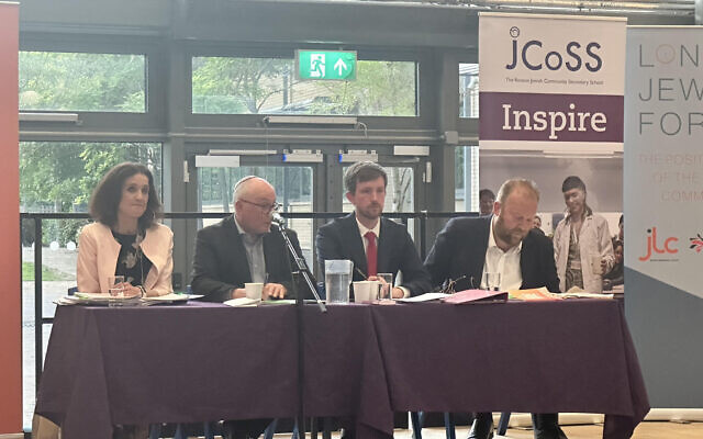 Theresa Villiers, left, Mark Durrant, right, with Dan Tomlinson next to him at Chipping Barnet hustings at Jcoss.