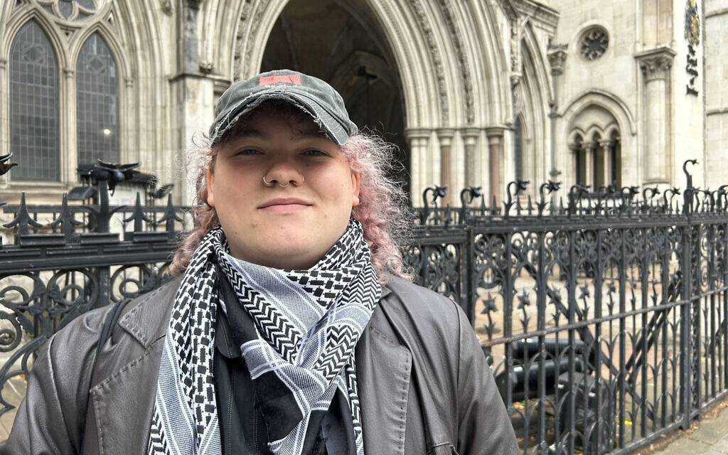 River Butterworth, 24, from Warwickshire, outside the Royal Courts of Justice, London. River is a defendant in the University of Nottingham's legal action against a Pro-Palestinian protest encampment on its campus.