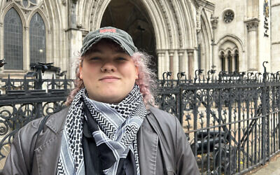 River Butterworth, 24, from Warwickshire, outside the Royal Courts of Justice, London. River is a defendant in the University of Nottingham's legal action against a Pro-Palestinian protest encampment on its campus.