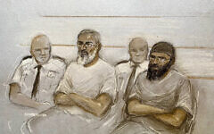 An artist's drawing of Anjem Choudary (second left) and Khaled Hussein (right) at Woolwich Crown Court
