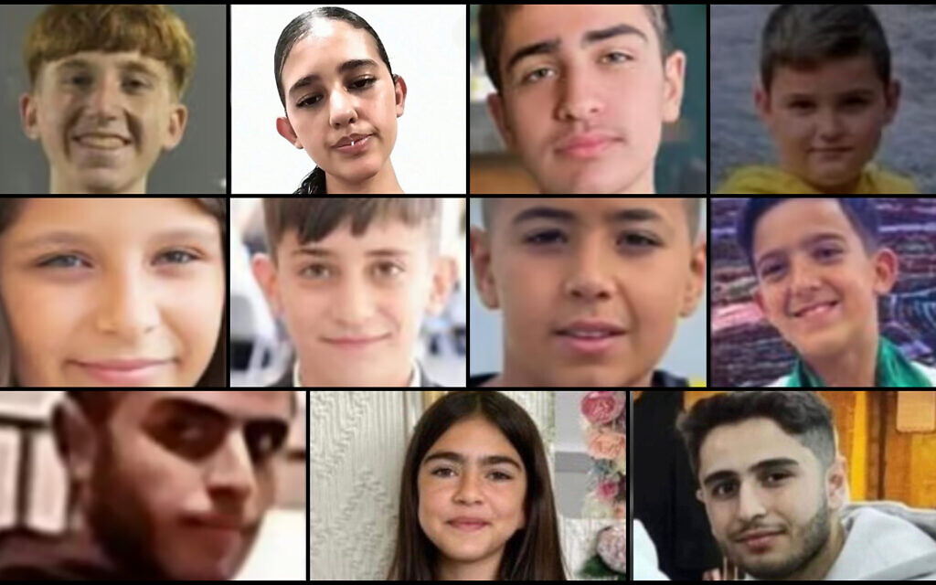 (Top row, L-R) Ameer Rabeea Abu Saleh, 16, Iseel Nasha’at Ayoub, 12, Hazem Akram Abu Saleh, 15, Milad Muadad Alsha’ar, 10 (Middle row, L-R) Alma Ayman Fakher Eldin, 11, Naji Taher Alhalabi, 11, Johnny Wadeea Ibrahim, 13, Yazan Nayeif Abu Saleh, 12 (Bottom row, L-R) Fajer Laith Abu Saleh, 16, Vinees Adham Alsafadi, 11 Nathem Fakher Saeb, 16, who were killed in a Hezbollah rocket attack on Majdal Shams on July 27, 2024