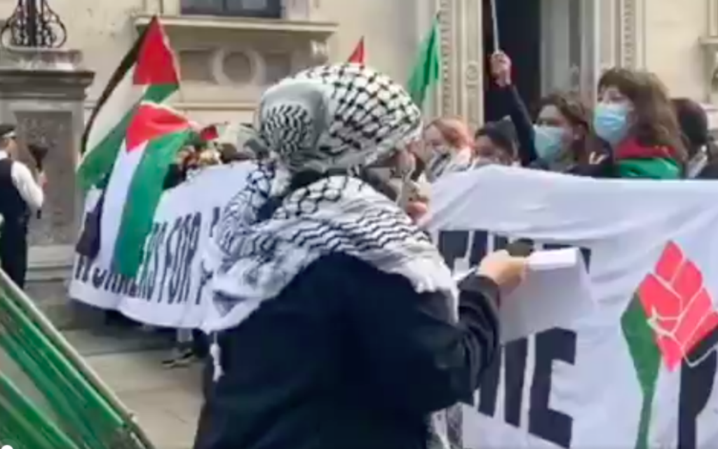 A group called Workers For A Free Palestine stage protest outside the Foreign Office