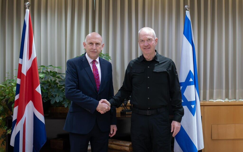 UK Defence Secretary John Healey (left) meets  his Israeli counterpart Yoav Gallant